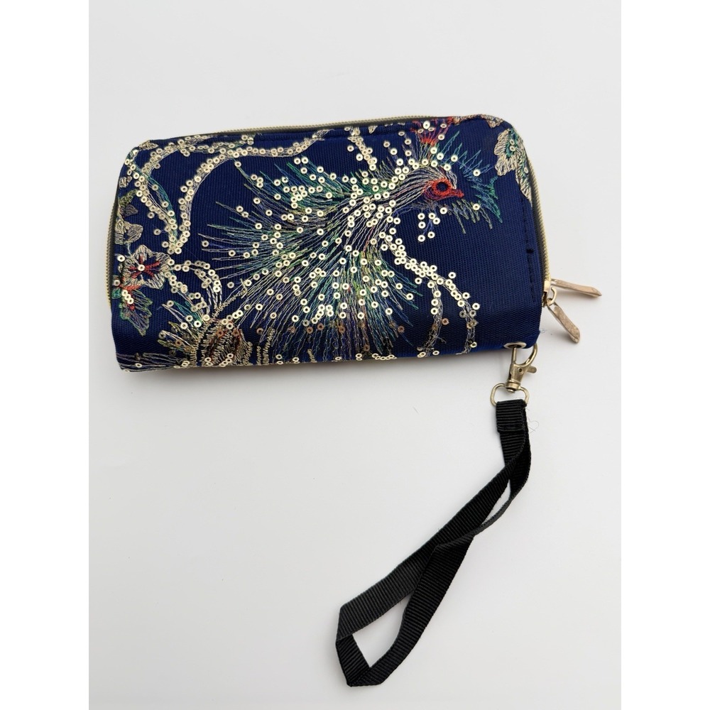 Blue Sequin Peacock Double Zip Wristlet Wallet Clutch Organizer